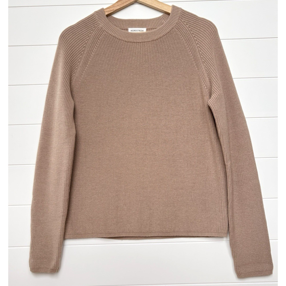 Nordstrom Organic Cotton Merino Wool Knit Sweater Crewneck Neutral Tan Small